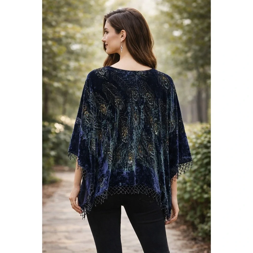 Vtg Ania A Peacock Velvet Beaded Boho Top‎ OS Festival Artwear Handkerchief Hem